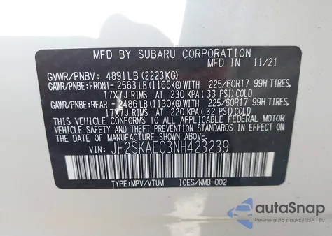 2022 Subaru Forester Premium from USA, damaged, VIN JF2SKAEC3NH423239